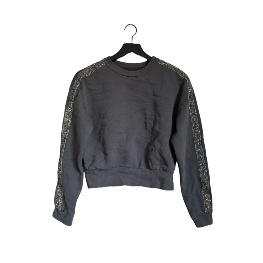 ZARA Charcoal Grey Crewneck Sweatshirt with Rhinestone Stripe Sleeves